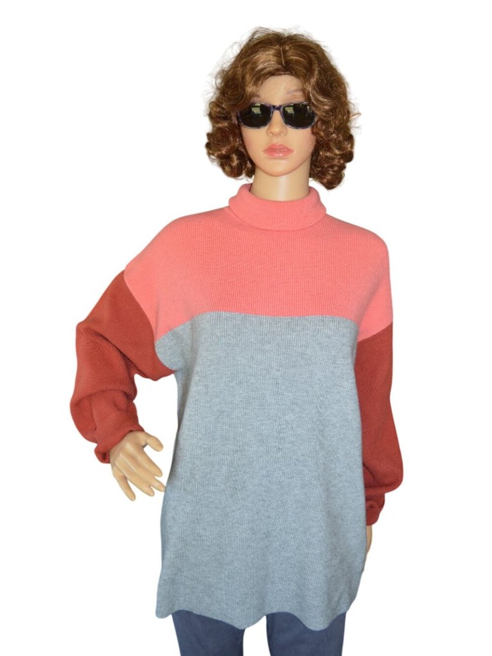 Forever 21 Color Block Knit Sweater Womens Size Medium Gray Coral Pink Brick Red